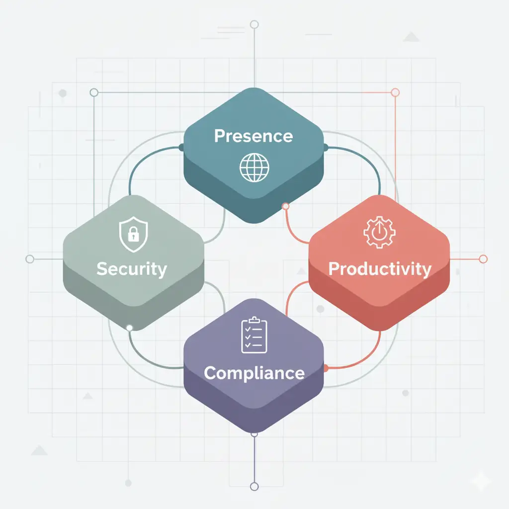 Four strategic pillars of software investment: Presence, Security, Productivity, and Compliance.
