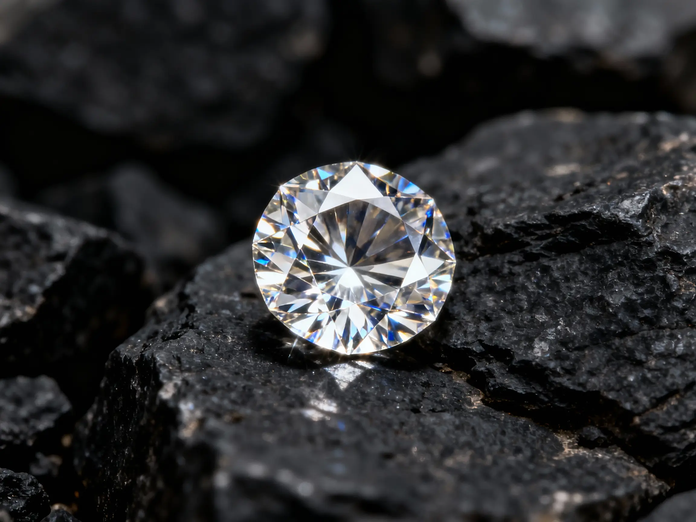 A macro photography shot of a single, perfectly cut diamond sitting on a dark, rough stone surface. Light refracts through the diamond sharply.