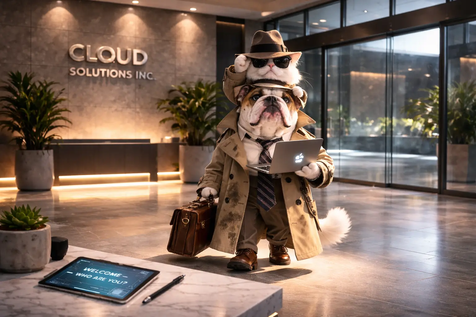 A cat standing on a bulldog's shoulders while wearing a trench coat to look like an adult