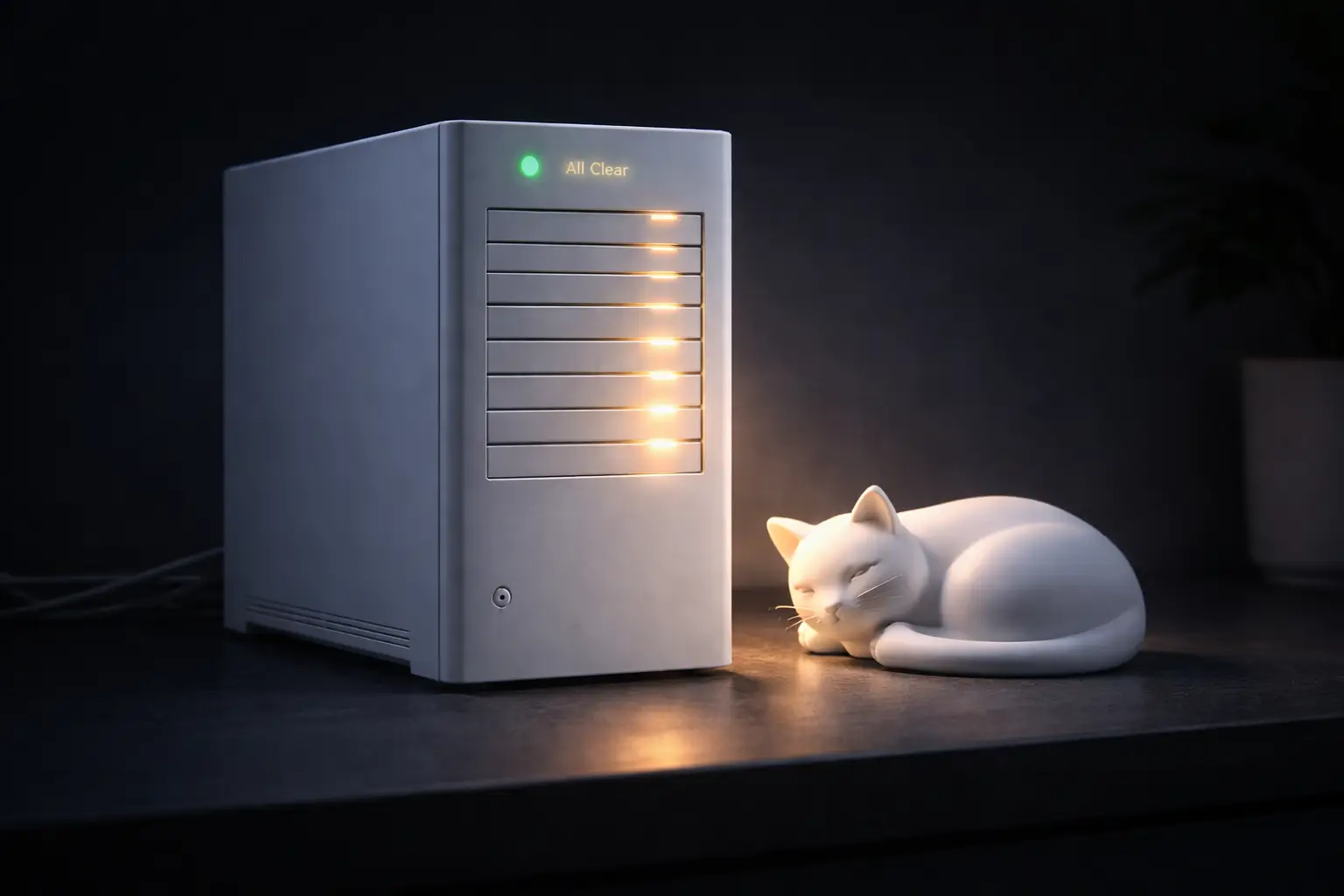 A white cat calmly sleeping next to a silent, white server 