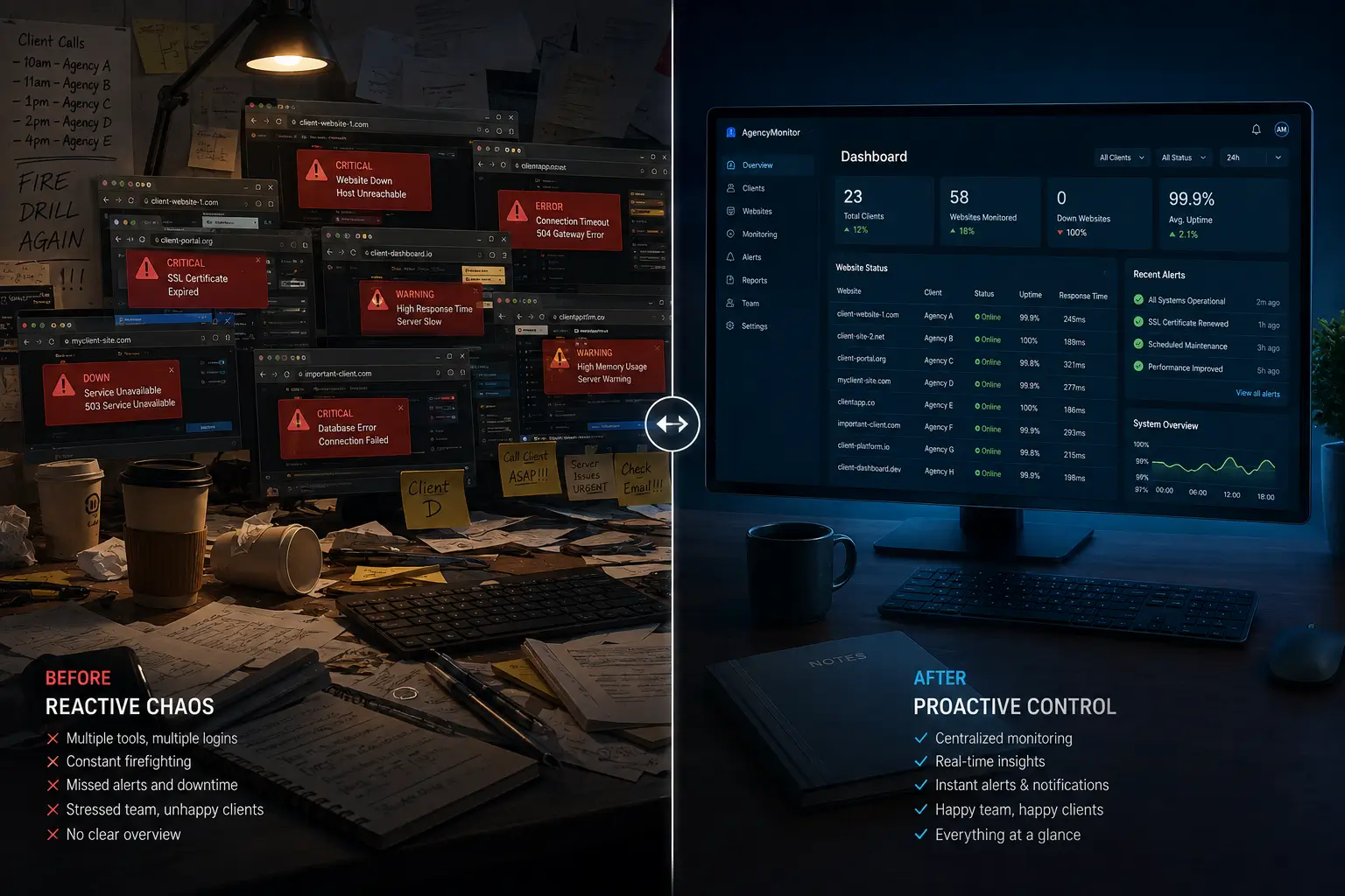 Monitoring tools for digital agencies showing centralized client site dashboard with proactive alert management replacing reactive client complaint handling
