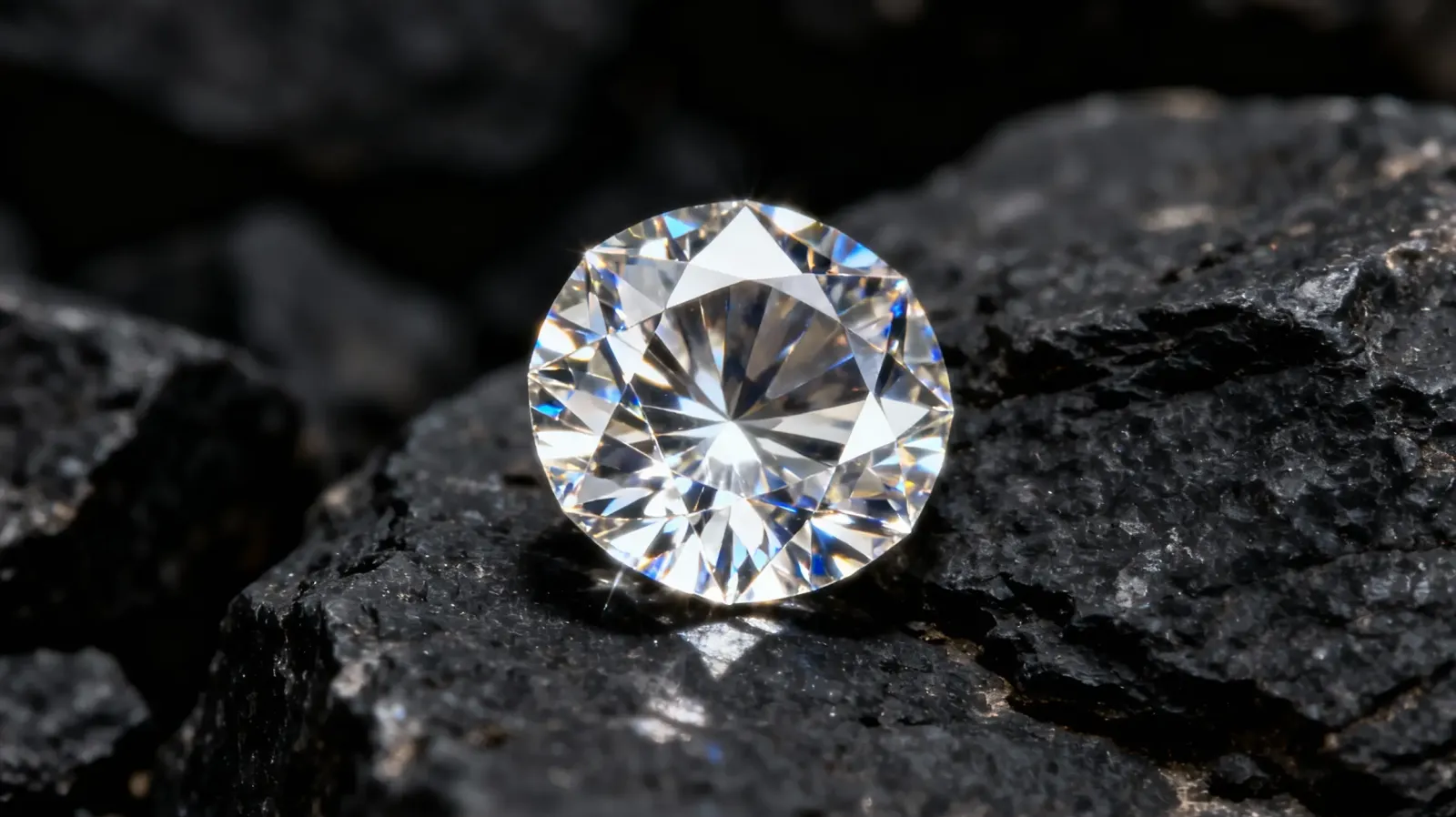 A macro photography shot of a single, perfectly cut diamond sitting on a dark, rough stone surface. Light refracts through the diamond sharply.