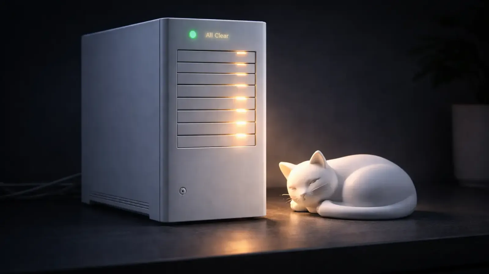 A white cat calmly sleeping next to a silent, white server 