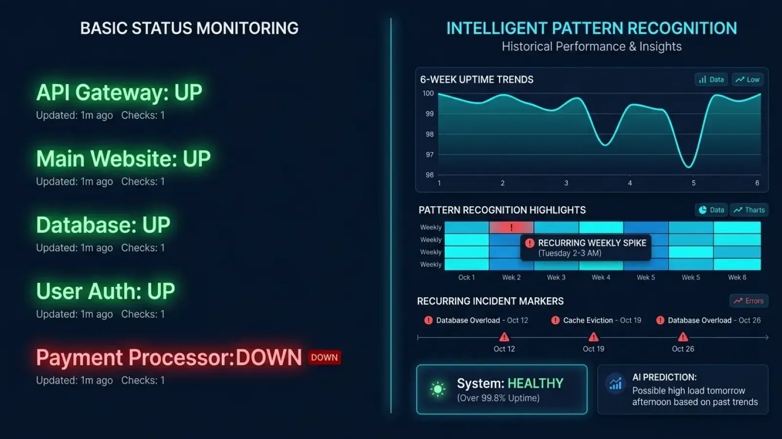 Website downtime monitoring dashboard showing pattern recognition and historical uptime data across multiple endpoints