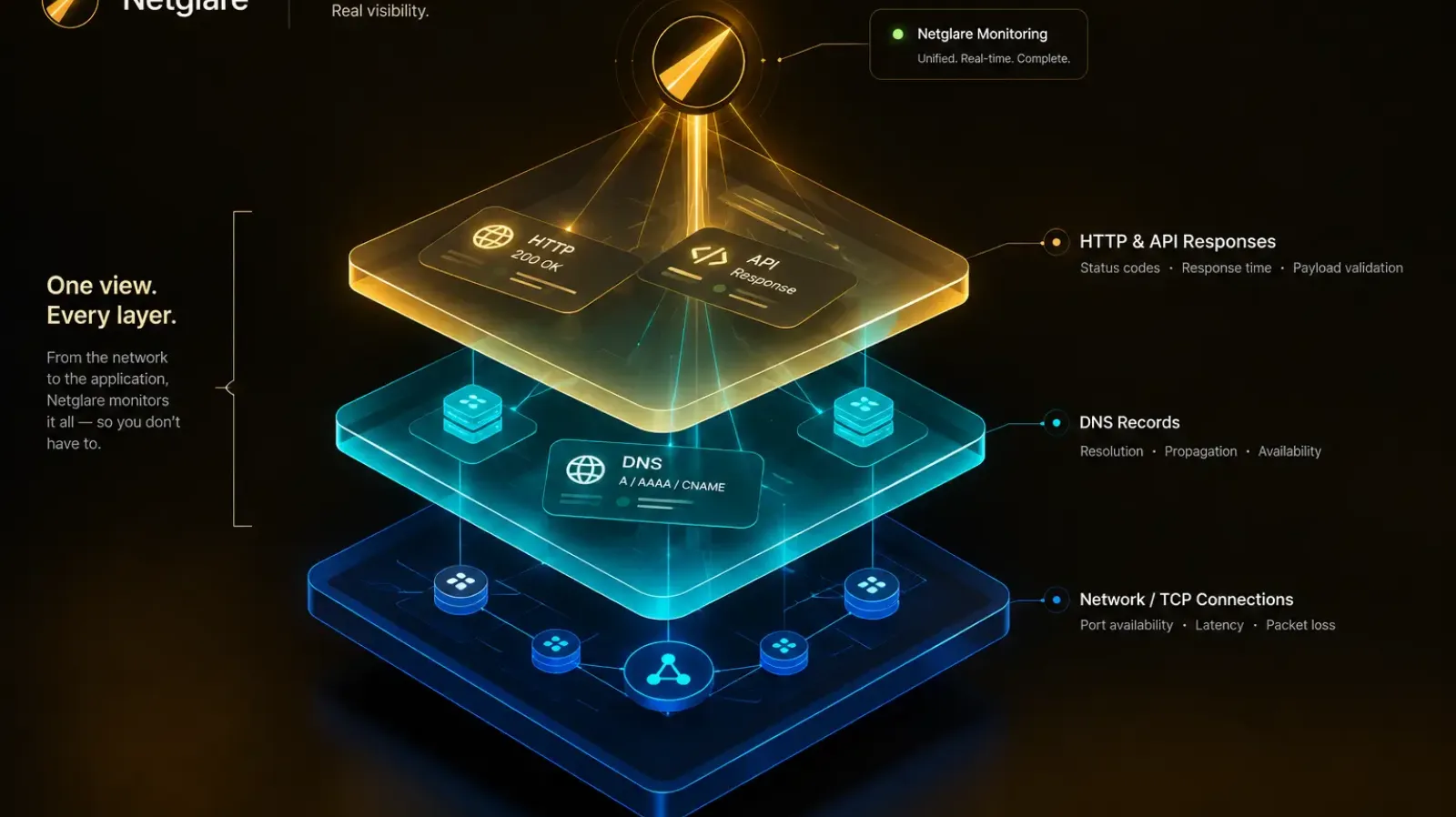 API and infrastructure monitoring tool showing TCP port monitoring DNS record monitoring and JSON response validation capabilities beyond standard website uptime checking