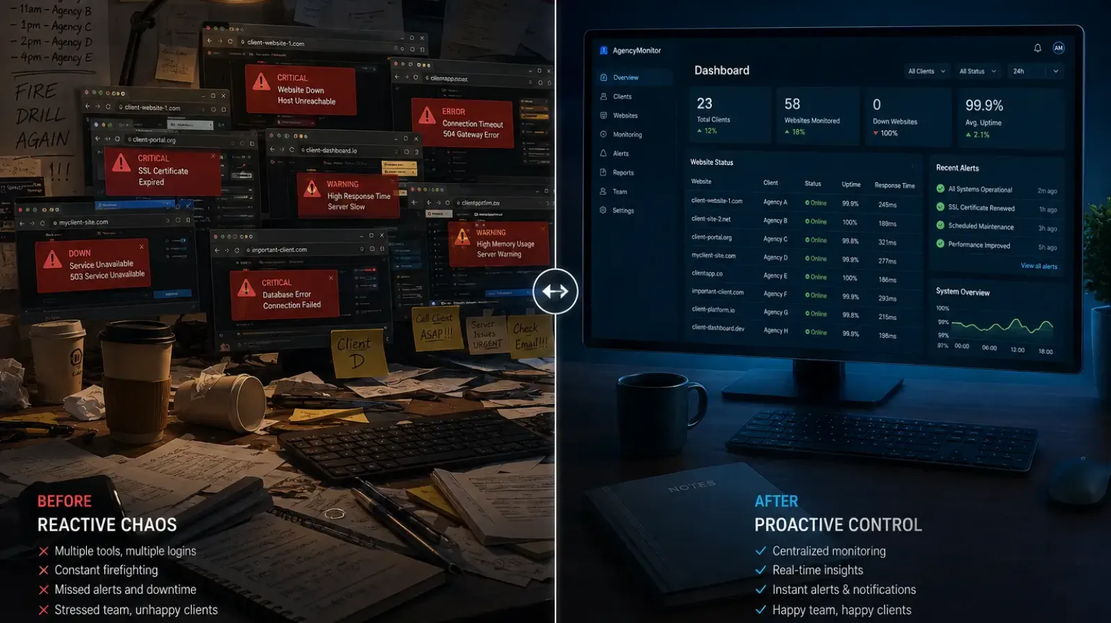 Monitoring tools for digital agencies showing centralized client site dashboard with proactive alert management replacing reactive client complaint handling