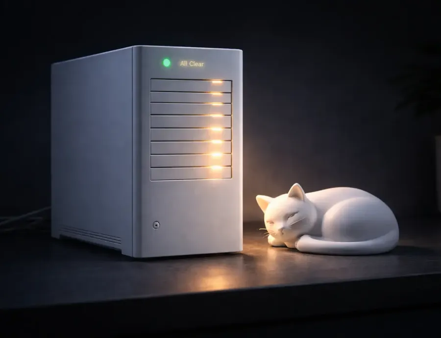 A white cat calmly sleeping next to a silent, white server 