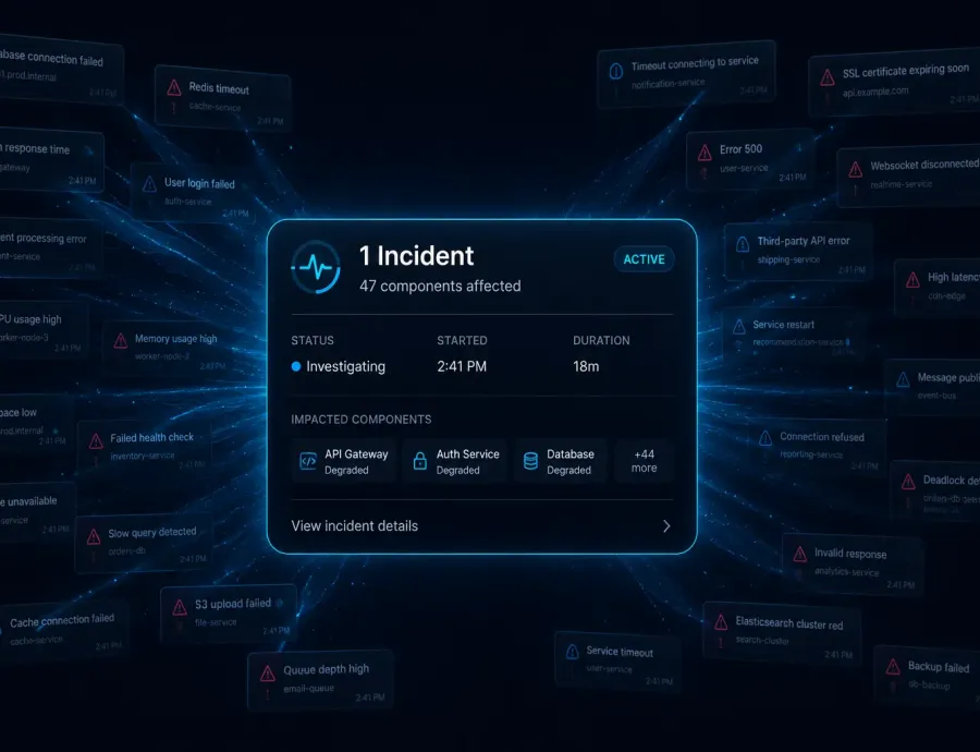 Single organized alert notification replacing flood of 47 separate alerts representing Netglare's alert grouping feature