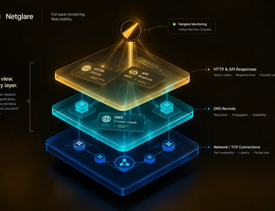 API and infrastructure monitoring tool showing TCP port monitoring DNS record monitoring and JSON response validation capabilities beyond standard website uptime checking